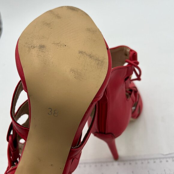 Red Classic Gladiator Lace Up Sandals High Heels Peep Toe Zipper Cage Shoes - Picture 5 of 6